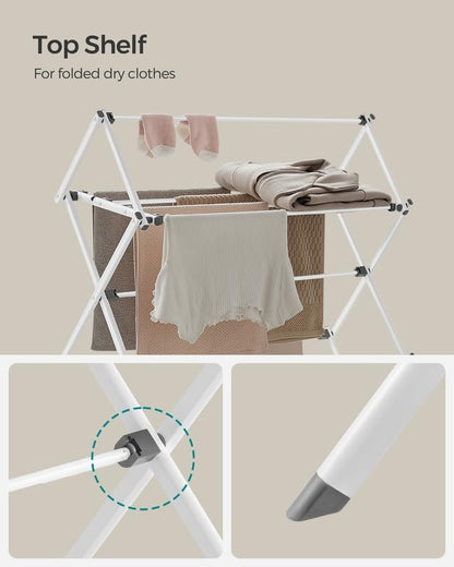 SONGMICS Foldable Clothes Drying Rack - Steel Frame Laundry Airer for Indoor/Outdoor Use | 14.6 x 29.5 x 53.2 Inches, Easy Assembly, White