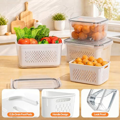 Clear Fruit Storage Containers for Fridge - 3 Pack with Airtight Seal