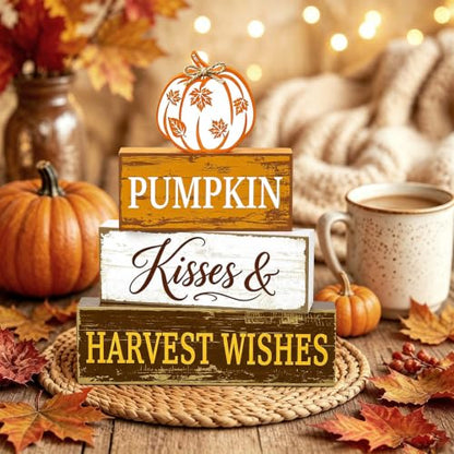 Fall Pumpkin Wooden Block Signs Set with Heartwarming Message - Autumn Decor