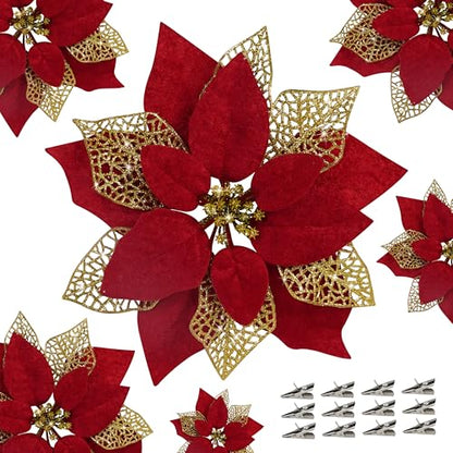 Childom 12 pcs Glitter Poinsettia Flowers for Christmas Decorations - Dark Red & Gold, 8.7 Inch