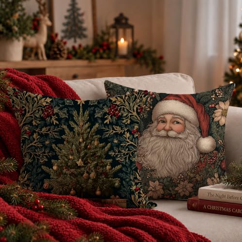 Christmas Tree Santa Pillow Cover 18x18 Set of 2 - Holiday Decor, Cozy Winter Accent, Variation: Santa Tree-1