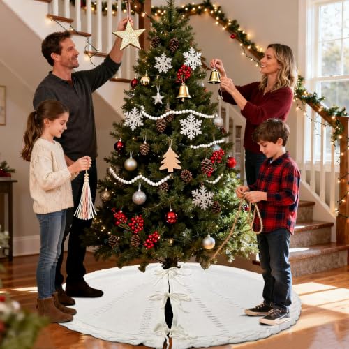 White 48 Inch Cream Knit Christmas Tree Skirt for 7-7.5 FT Trees, Boho Cable Knit Xmas Decor