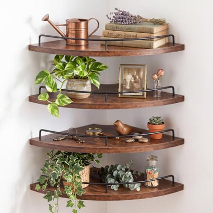 Novabright 4-Pack 12-inch Rustic Corner Floating Shelves Set – Wood & Iron