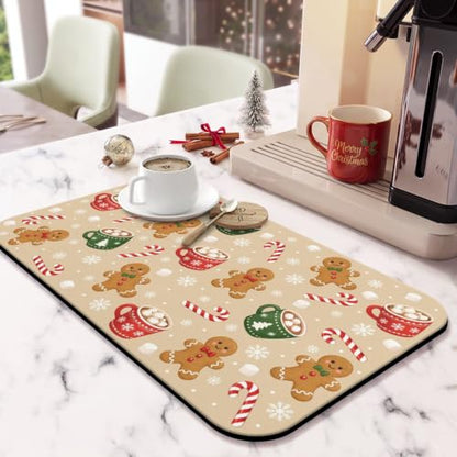 Beige Christmas Gingerbread Coffee Mat 19x12 Inches Anti-Slip Absorbent Counter Protector