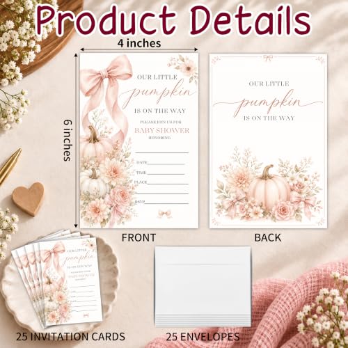 Fall Pumpkin Baby Shower Invitations for Girl - 25 Invites with Envelopes - Variation A04