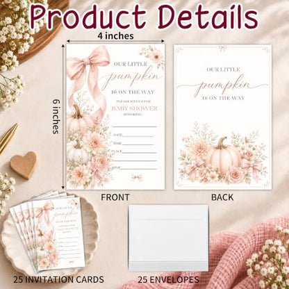 Fall Pumpkin Baby Shower Invitations for Girl - 25 Invites with Envelopes - Variation A04