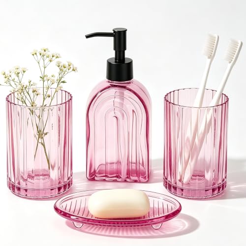 Pink Glass Bathroom Accessories Set with Toothbrush Holder - 14oz