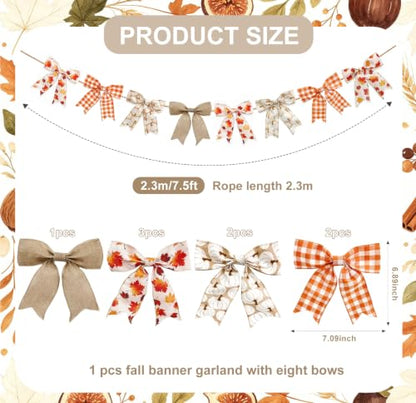 Autumn Bow Garland - 7.5Ft Fall Decor Bunting for Fireplace Mantel Wall