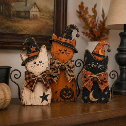 Wooden Cat Halloween Decor Set - Rustic Farmhouse Kittens for Autumn