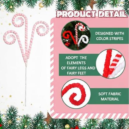 Christmas Candy Cane Picks Set - Pink & White Felt Tree Ornaments, 12 Pack