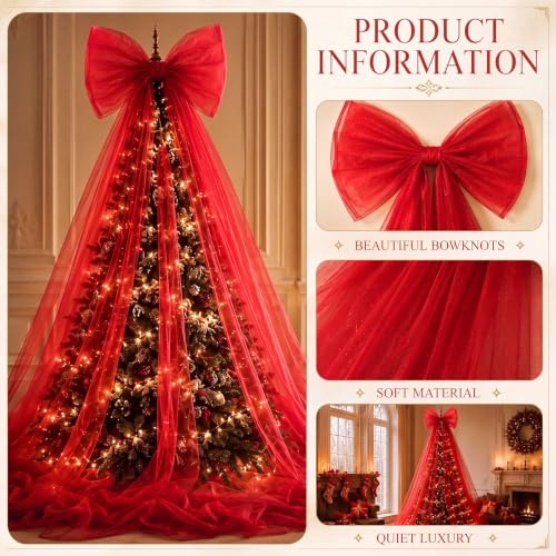Giant Red Christmas Tree Bow Topper - 9.8Ft Matte Gauze Holiday Decor
