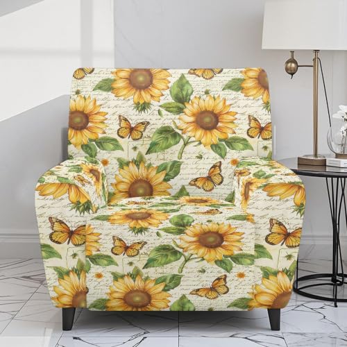 Sunflower Butterfly Recliner Couch Protector with Pockets - Stretch Slipcover for 27-37 Inch Chairs