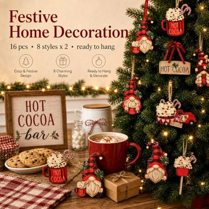 Red 16 PCS Christmas Wooden Ornaments Hot Cocoa Gnome Decor - Festive Holiday Decorations