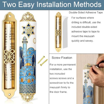 Enamel Mezuzah with Scroll for Door Jerusalem Skyline Relief Design