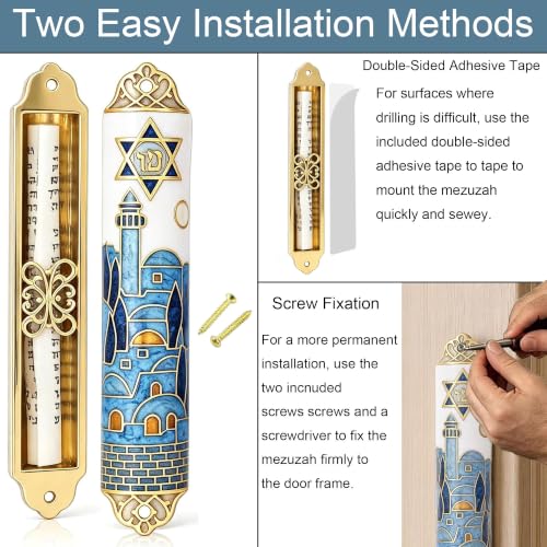 Metal Enamel Mezuzah with Scroll Set for Doorway - Jerusalem-Inspired Design