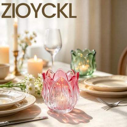 Pink Tulip Candle Holder Set - Decorative Glass Votive for Tealights