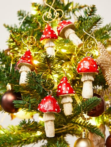 Estmy 6pcs Red Mushroom Christmas Ornaments - Woodland Holiday Decor with Hooks