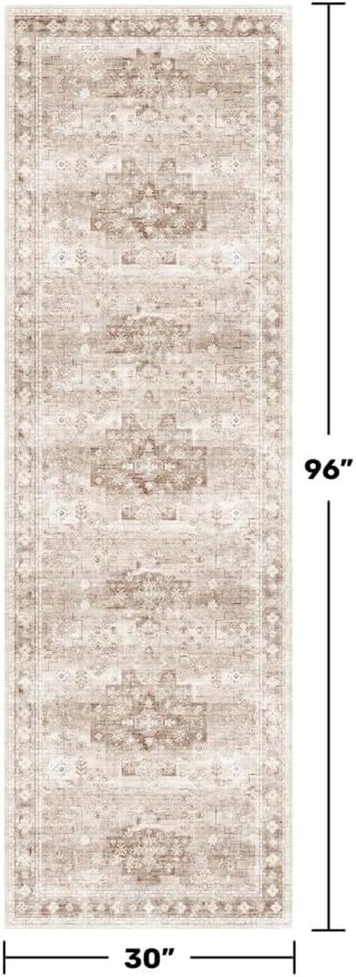 Hazo Haus Hallway Runner Rug - Washable, Non-Slip & Stain Resistant | 2'6"x8' Beige/Latte Boho Floral Decor