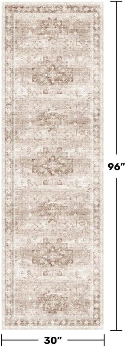 Hazo Haus Hallway Runner Rug - Washable, Non-Slip & Stain Resistant | 2'6"x8' Beige/Latte Boho Floral Decor