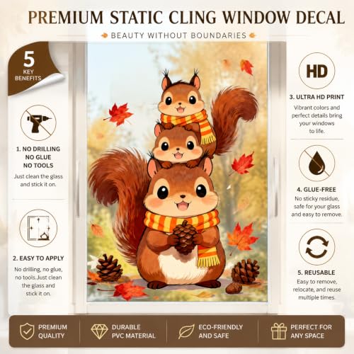 Fall Static Window Clings Cute Squirrel Maple Leaf Pinecone Thanksgiving Decor - Colorful 3