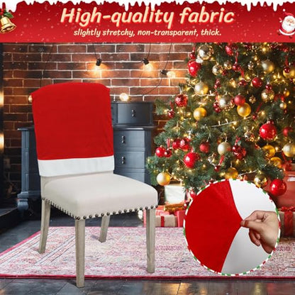 2PCS Christmas Santa Hat Chair Covers with Tableware Holders - Red Holiday Decor