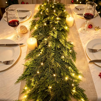 9Ft Real Touch Cedar Garland with Lights - Green, Indoor Outdoor Decor
