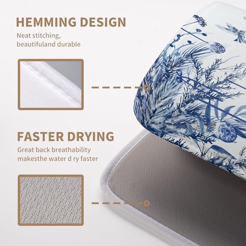 Christmas Tree Dish Drying Mat for Kitchen Counter 18x24 Inch Blue White Chinoiserie - Winter Holiday Absorbent Microfiber Reusable Drainer Pad