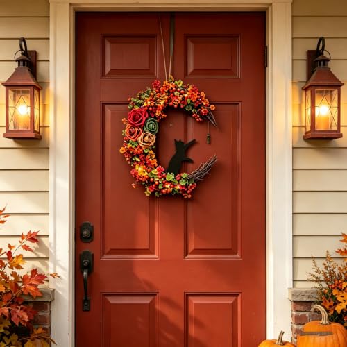 Black Cat Moon Halloween Wreath - Gothic Fall Front Door Decor D
