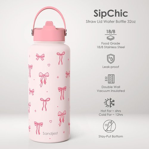 Coquette Stainless Steel Water Bottle - 32oz Insulated Pink Bow Gift for Women & Teens