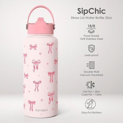 Coquette Stainless Steel Water Bottle - 32oz Insulated Pink Bow Gift for Women & Teens