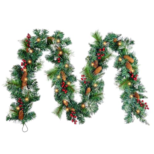 9ft Artificial Christmas Garland with Lights, Pine Cones & Red Berries