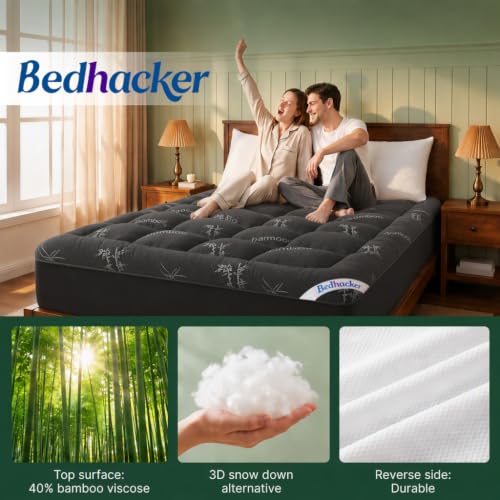 Queen Mattress Topper Viscose Bamboo Pillow Top Pad Dark Gray - Breathable & Soft