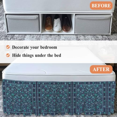 Teal Boho King Bed Skirt 18 Inch Drop Adjustable Elastic Wrap-Around Dust Ruffle