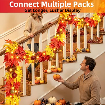 9FT Fall Garland with Lights - Large Maple Leaves & Orange Bulbs for Indoor Outdoor Decor