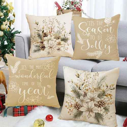Christmas Beige Poinsettia Pillow Covers Christmas Wild Flowers 18 x 18 Inch Throw Pillows, Xmas Berry Pine Cones Seasonal Decorative Farmhouse Cushion Case for Sofa Couch Set of 4
