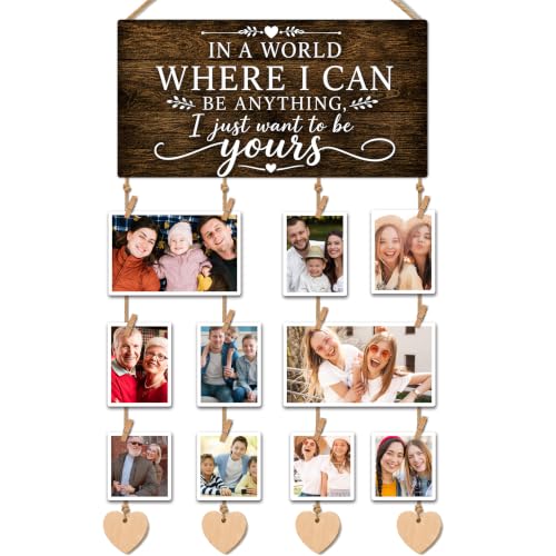 AWSICE Family Photo Frame Display with Clips & Sign Board - Dark Walnut