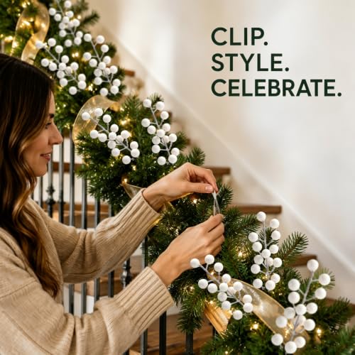 18 Pack White Christmas Berry Stems with Clips for Holiday Decorations - Berry / White