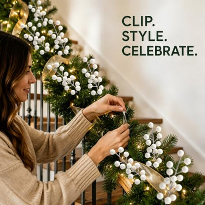 18 Pack White Christmas Berry Stems with Clips for Holiday Decorations - Berry / White