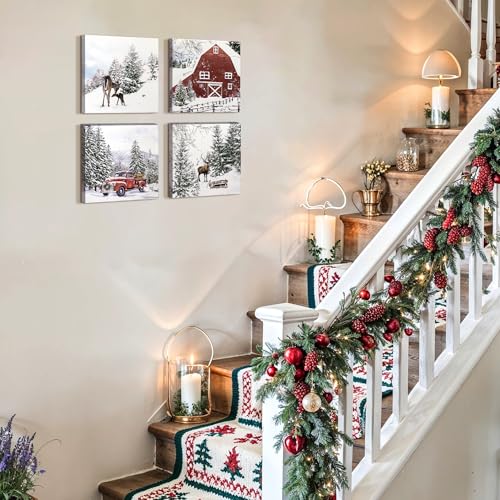 Christmas Canvas Wall Art Decor Set - Snowy Scene Rustic Holiday Prints 12x12 Inches