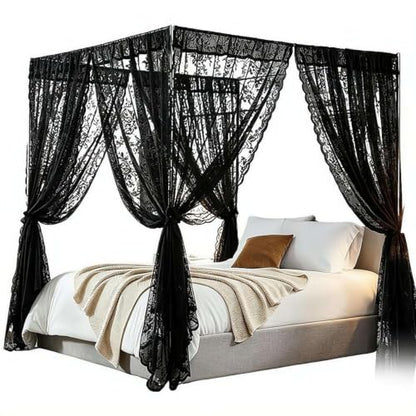 Black Lace Canopy Bed Curtains Set for Queen & King Size Bed - Romantic Mosquito Net, 8 Pieces