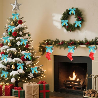 Blue Velvet Christmas Bows for Tree & Decorations - 24 pcs, 3.5x3.5 inch, Holiday Ornaments with Twist Ties - Blue