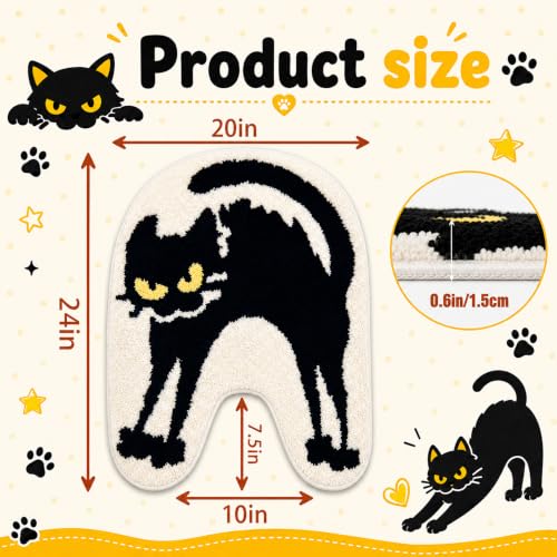Black Cat U-Shaped Toilet Rug - Washable Bathroom Mat, 24x20 Inches