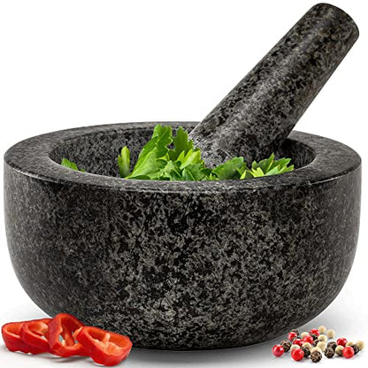 Heavy Duty Large Mortar and Pestle Set, 100% Granite, Non Slip Base, Make Fresh Guacamole, Salsa, Pesto, Stone Grinder Bowl, Herb Crusher, Spice Grinder, 1.5 Cup, 5.5 Inch Size, Black