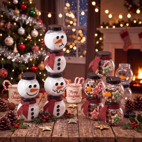 Christmas Snowman Candy Jars Set with Gingham Ribbon - 12 Pcs