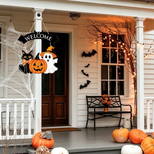 Large Black Wooden Halloween Ghost Door Wreath for Front Door & Wall Decor - Sophena