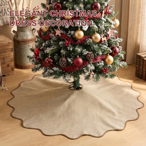 Scalloped Christmas Tree Skirt Linen Burlap 36 Inch Farmhouse Rustic Decor