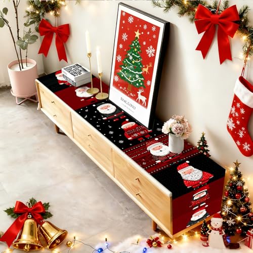 Christmas Table Runner and Placemats Set with Santa Claus Variation - 7 Pieces, Buffalo Plaid, Snowman, Deer, Holiday Kitchen Decor