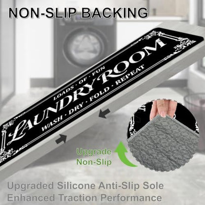 Farmhouse Non-Slip Laundry Room Rug Runner - Washable Black 1'5" x 3'11"