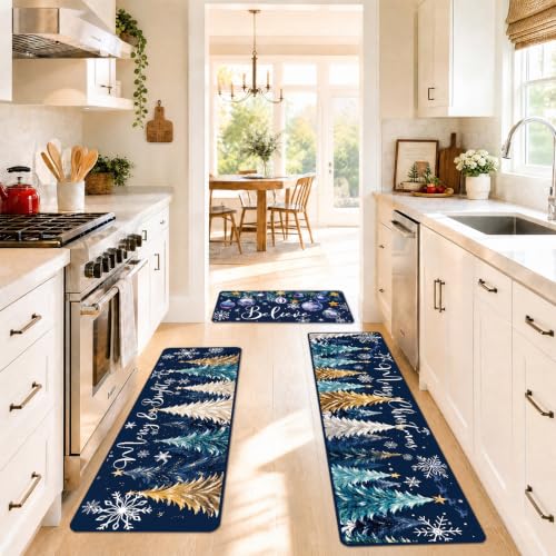 Christmas Kitchen Mats - Blue and Gold Xmas Tree Non-Slip Rugs, Set of 3 with Variation Xmas Tree