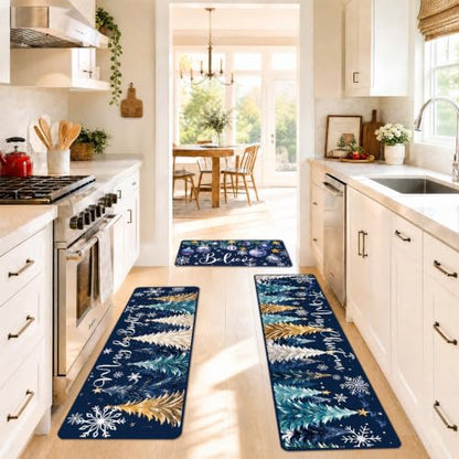 Christmas Kitchen Mats - Blue and Gold Xmas Tree Non-Slip Rugs, Set of 3 with Variation Xmas Tree